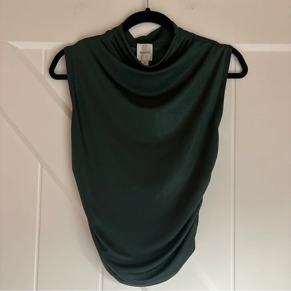Anthropologie Maeve Green Cowl Neck Top | Sleeveless Draped Stretch XS